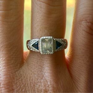 Sterling, faux diamond, and synthetic sapphire cocktail ring size 7